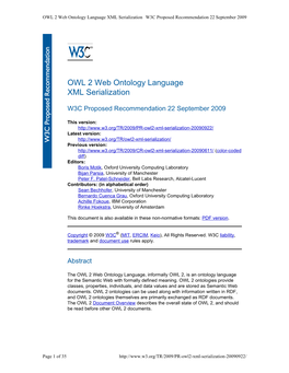 OWL 2 Web Ontology Language XML Serialization W3C Proposed Recommendation 22 September 2009