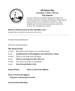 All Saints Day November 1, 2020 • 9.30 A.M