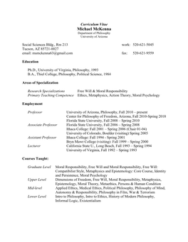 Curriculum Vitae Michael Mckenna Department of Philosophy University of Arizona