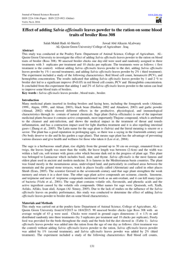 Effect of Adding Salvia Officinalis Leaves Powder to the Ration on Some Blood Traits of Broiler Ross 308