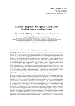 Camellia Oil Saponins: Solid Phase Extraction and Its Effect on Mice Blood and Organs