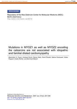Mutations in MYOZ1 As Well As MYOZ2 Encoding the Calsarcins Are Not Associated with Idiopathic and Familial Dilated Cardiomyopathy