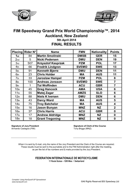 FIM Speedway Grand Prix World Championship™. 2014 Auckland, New Zealand 5Th April 2014 FINAL RESULTS