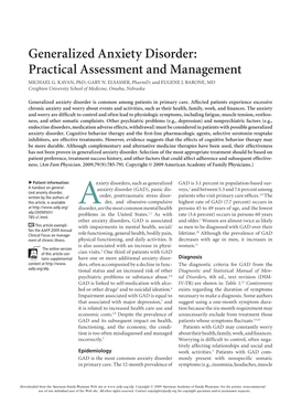 Generalized Anxiety Disorder: Practical Assessment and Management MICHAEL G