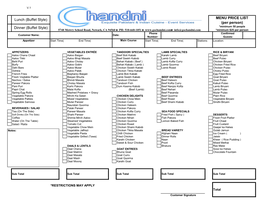 Lunch (Buffet Style) Dinner (Buffet Style) MENU PRICE LIST (Per