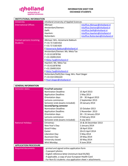 Information Sheet for Exchange Students Institutional Information