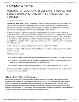 Ford Media Center Ford Media Center FORD MOTOR COMPANY ISSUES SAFETY RECALL for SELECT 2020 FORD RANGER, F-150 and EXPEDITION VEHICLES