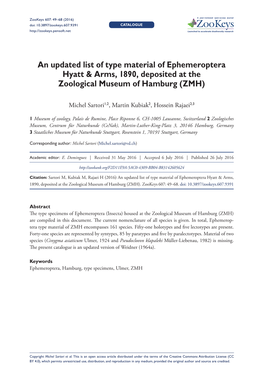 An Updated List of Type Material of Ephemeroptera Hyatt & Arms, 1890, Deposited at the Zoological Museum of Hamburg (ZMH)