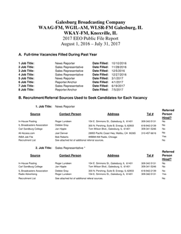 Galesburg Broadcasting Company WAAG-FM, WGIL-AM, WLSR-FM Galesburg, IL WKAY-FM, Knoxville, IL 2017 EEO Public File Report August 1, 2016 – July 31, 2017