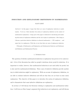 INDUCTION and EXPLANATORY DEFINITIONS in MATHEMATICS 1. Introduction the Question of Whether Mathematical Induction Is Explanato