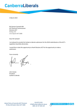 Canberra Liberals Submission for the 2019 Redistribution of the ACT’S Legislative Assembly Electorates