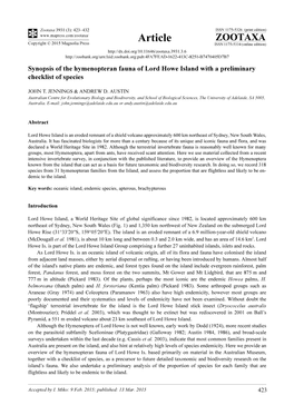 Synopsis of the Hymenopteran Fauna of Lord Howe Island with a Preliminary Checklist of Species