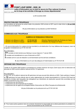 POINT LOUP ISERE - 2020 26 Lettre D’Information Sur La Mise En Œuvre Du Plan National D’Actions Sur Le Loup Et Les Activités D’Élevage Au Niveau Départemental