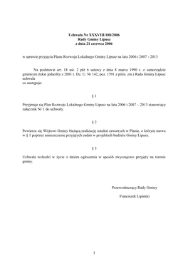 Plan Rozwoju Lokalnego Gminy Lipusz Na Lata 2006 I 2007 – 2013 Stanowiący Załącznik Nr 1 Do Uchwały