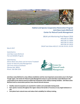 JBLM Streaked Horned Lark Surveys and Monitoring 2016