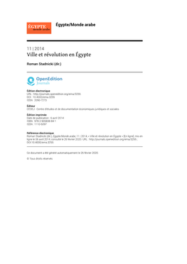 Égypte/Monde Arabe, 11 | 2014, « Ville Et Révolution En Égypte » [En Ligne], Mis En Ligne Le 06 Avril 2014, Consulté Le 26 Février 2020