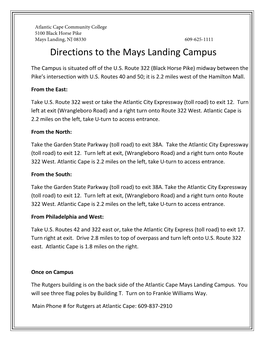 Directions to the Mays Landing Campus