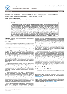 Impact of Genotoxic Contaminants on DNA Integrity of Copepod from Freshwater Bodies in Chennai, Tamil Nadu, India