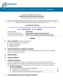 Salem Area Mass Transit District BOARD of DIRECTORS VIRTUAL MEETING Thursday, February 25, 2021 at 6:30 PM