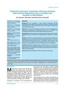 Treatment Outcomes of Patients with Drug Resistant Tuberculosis; Experience from a Tertiary Care Hospital in Abbottabad