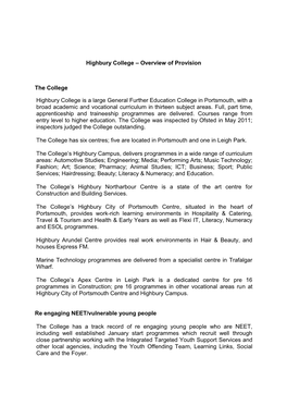 Highbury College – Overview of Provision the College Highbury