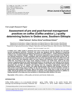 (Coffea Arabica L.) Quality Determining Factors in Gedeo Zone, Southern Ethiopia