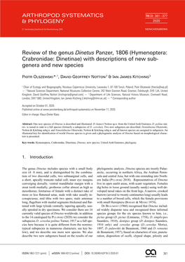 Review of the Genus Dinetus Panzer, 1806 (Hymenoptera: Crabronidae: Dinetinae) with Descriptions of New Sub- Genera and New Species