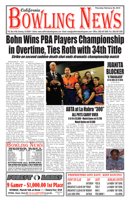 Bohn Wins PBA Players Championship in Overtime, Ties Roth with 34Th Title Strike on Second Sudden-Death Shot Ends Dramatic Championship Match