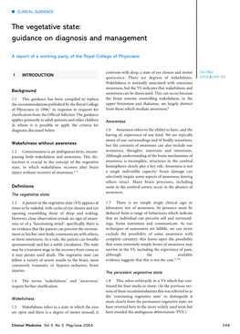 The Vegetative State: Guidance on Diagnosis and Management