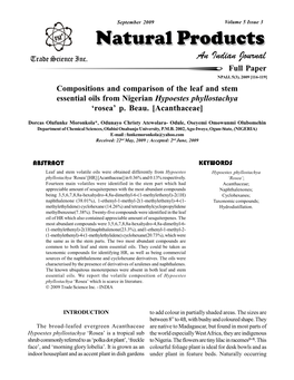 Compositions and Comparison of the Leaf and Stem Essential Oils from Nigerian Hypoestes Phyllostachya ‘ ’ Rosea P