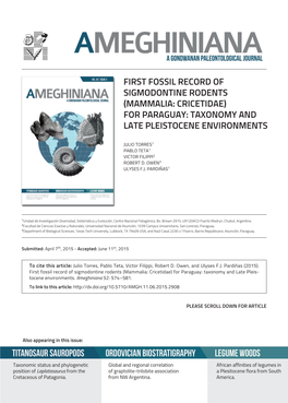 (Mammalia: Cricetidae) for Paraguay: Taxonomy and Late Pleistocene Environments