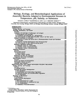 Biology, Ecology, and Biotechnological Applications of Anaerobic Bacteria Adapted to Environmental Stresses in Temperature, Ph, Salinity, Or Substrates SUSAN E