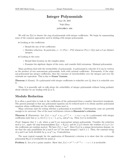 Integer Polynomials Yufei Zhao