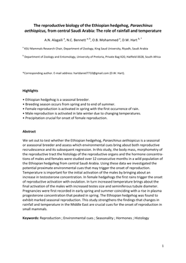 The Reproductive Biology of the Ethiopian Hedgehog, Paraechinus Aethiopicus, from Central Saudi Arabia: the Role of Rainfall and Temperature