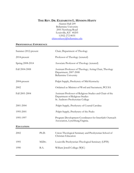 THE REV. DR. ELIZABETH L. HINSON-HASTY Alumni Hall 209 Bellarmine University 2001 Newburg Road Louisville, KY 40205 1(502) 272-8031 Ehinsonhasty@Bellarmine.Edu
