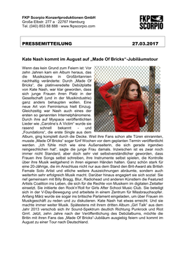 PRESSEMITTEILUNG 27.03.2017 Kate Nash Kommt Im August Auf