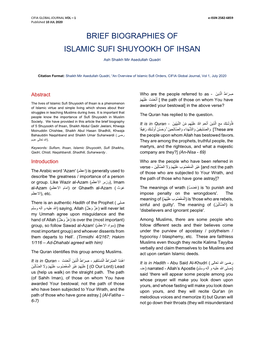 Brief Biographies of Islamic Sufi Shuyookh of Ihsan