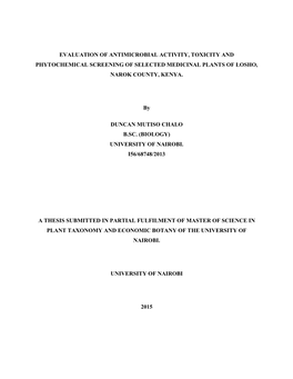 Evaluation of Antimicrobial Activity, Toxicity and Phytochemical Screening of Selected Medicinal Plants of Losho, Narok County, Kenya