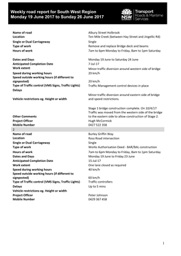 Weekly Road Report for South West Region Monday 19 June 2017 to Sunday 26 June 2017