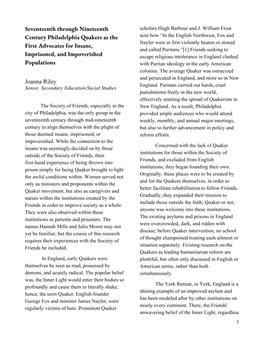 Seventeenth Through Nineteenth Century Philadelphia Quakers As the First Advocates for Insane, Imprisoned, and Impoverishe