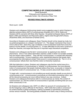 COMPETING MODELS of CONSCIOUSNESS David Rosenthal Philosophy and Cognitive Science Graduate Center, City University of New York