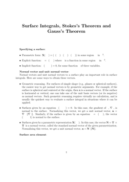 Surface Integrals, Stokes's Theorem and Gauss's Theorem