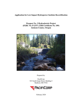 Application for Low Impact Hydropower Institute Recertification Prospect No. 3 Hydroelectric Project (FERC No. P-2337; LIHI