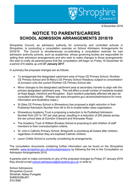 Notice to Parents/Carers of Children