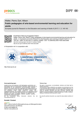 Public Pedagogies of Arts-Based Environmental Learning and Education for Adults European Journal for Research on the Education and Learning of Adults 8 (2017) 1, S