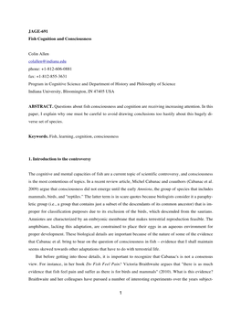 JAGE-691 Fish Cognition and Consciousness Colin Allen Colallen@Indiana.Edu Phone