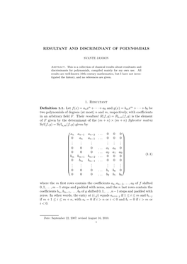 Resultant and Discriminant of Polynomials