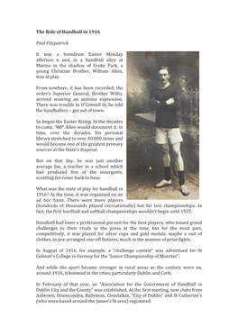 The Role of Handball in 1916 Paul Fitzpatrick It Was a Humdrum Easter