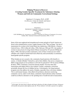 Helping Women to Recover: Creating Gender-Specific Treatment for Substance-Abusing Women and Girls in Community Correctional Settings