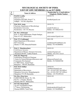 MYCOLOGICAL SOCIETY of INDIA LIST of LIFE MEMBERS (As on 15.7.2020) S